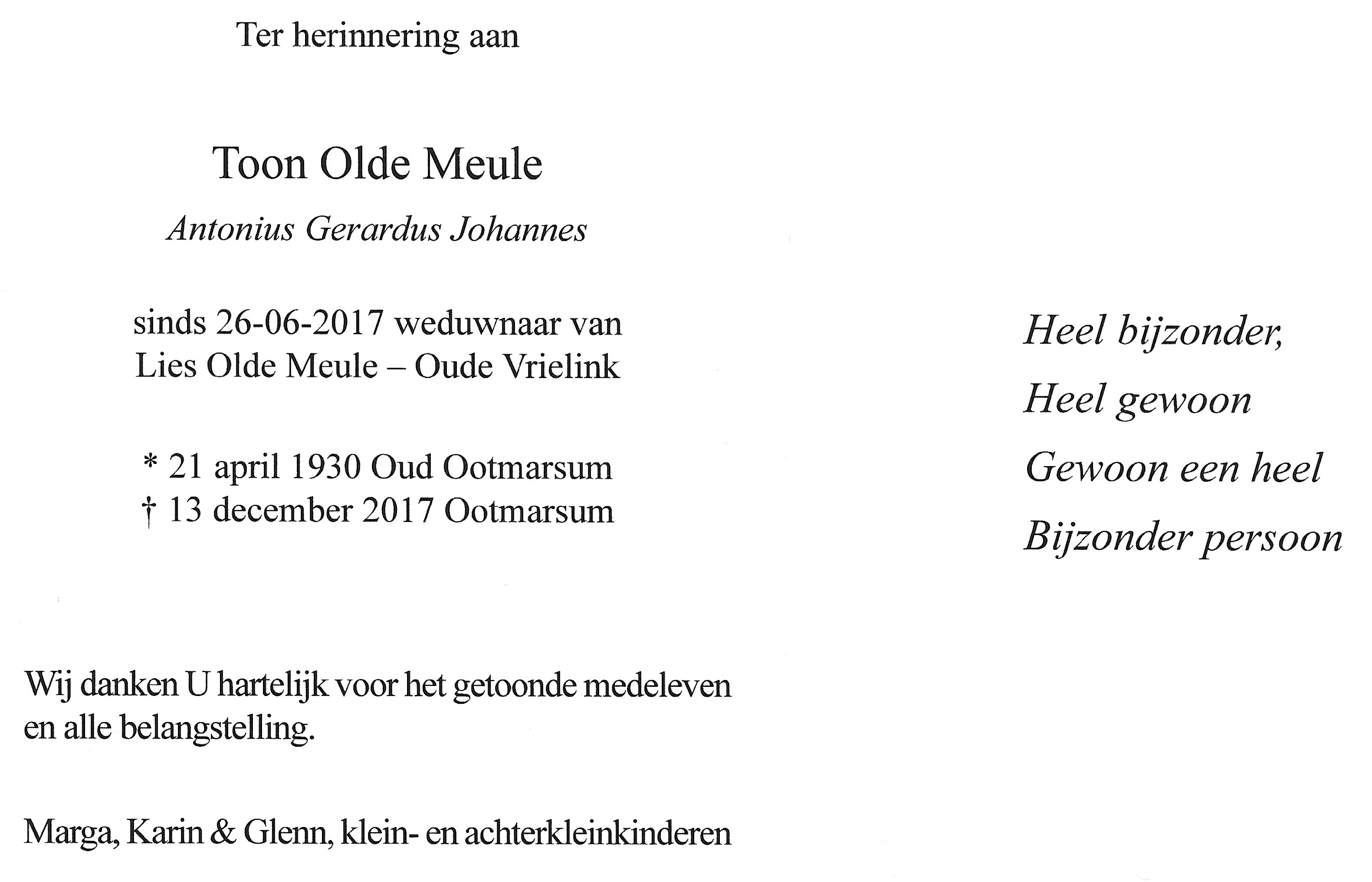 Bidprentje van Antonius Gerardus Johannes Olde Meule